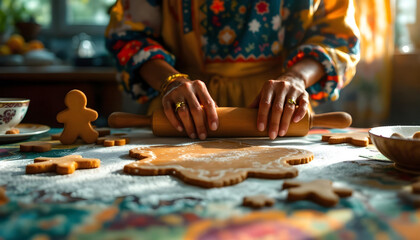 A cinematic photo of a woman's hands rolling out gingerbread dough with a rustic wooden rolling pin