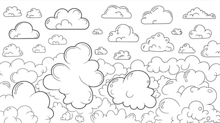A whimsical collection of outlined clouds scattered across a white background in a cartoon style
