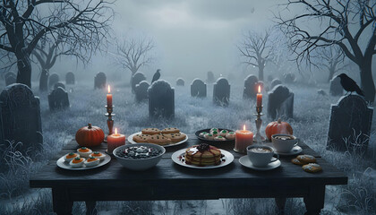 A cinematic shot of a Halloween-themed breakfast on a dark, rustic table