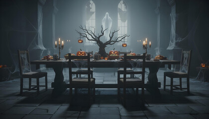 A cinematic shot of a Halloween-themed breakfast on a dark, rustic table