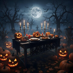 A cinematic shot of a Halloween-themed breakfast on a dark, rustic table