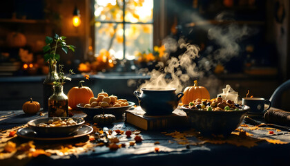 A cinematic shot of a Halloween-themed breakfast on a dark, rustic table