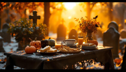 A cinematic shot of a Halloween-themed breakfast on a dark, rustic table