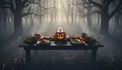 A cinematic shot of a Halloween-themed breakfast on a dark, rustic table
