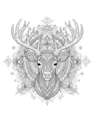 Fototapeta premium Intricate Deer Portrait with Ornamental Antlers and Mandala-Inspired Background, Black and White