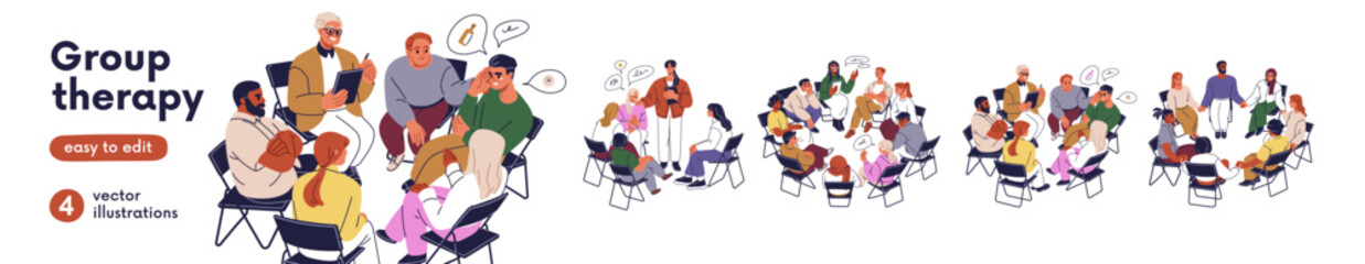 Group therapy session, psychotherapy set. Psychologist and community. People teams sharing problems during support meeting, psychology help club. Flat vector illustration isolated on white background