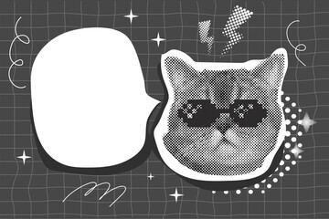 Cat with pixel glasses halftone collage sticker empty trendy bubble cloud, trendy retro y2k pet, funky emoticon animal, pop aesthetic. Meme head with speech bubble. Funny kitty.