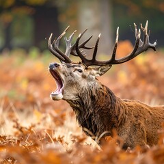 Majestic red deer roaring in autumnal forest