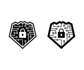 A creative cyber shield icon featuring a digital circuit pattern and a padlock symbol in the center, representing cybersecurity, data protection, and secure technology