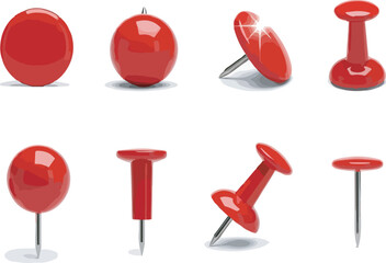 Realistic set of red push pins thumbtacks icons collection isolated on white background