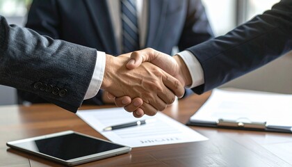 Successful business negotiation concludes with a firm handshake, symbolizing a new partnership, trust, and a sealed deal