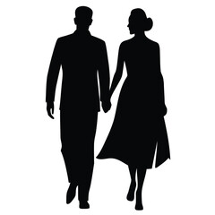 Silhouette of a Couple Walking on White Background