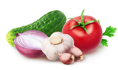 Pile of vegetables. Red onion, tomato, cucumber, garlic with two segments, parsley leaves isolated on white background