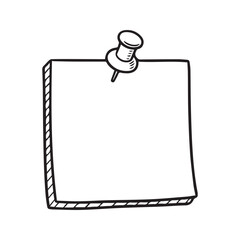  Hand-drawn blank note paper with a pushpin. Doodle sketch of an empty memo or reminder sticker. Vector illustration isolated on white background for messages.