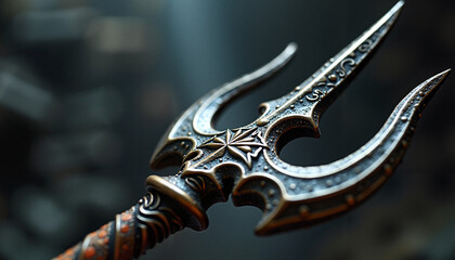 Detailed close-up of ornate trident design with intricate patterns  