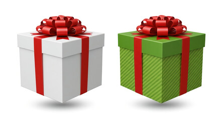 Two gift boxes with red ribbons on a white background: white and green. A 3D-rendered celebration concept for Christmas, holidays, or birthdays.