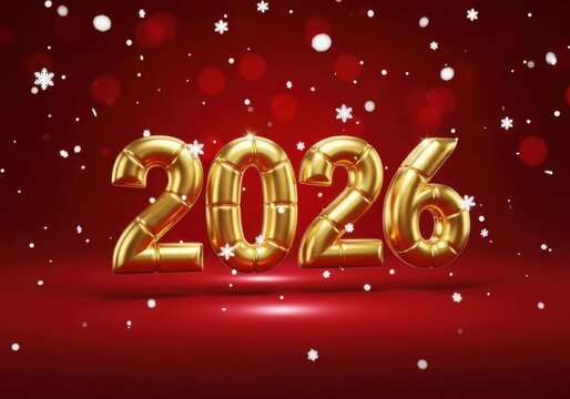 Golden 2026 balloons with snowflakes on red background