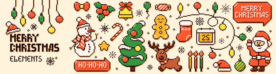 Pixel art Christmas elements. Y2k color New Year icons. 8 bit Santa Claus, snowman, reindeer, tree, speech bubbles.