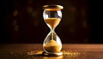 An hourglass on a wooden table with a blurry background.