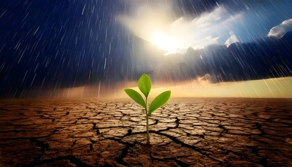 Leaf shoots growing on dry land with rain falling and sunlight amidst a cloudy sky