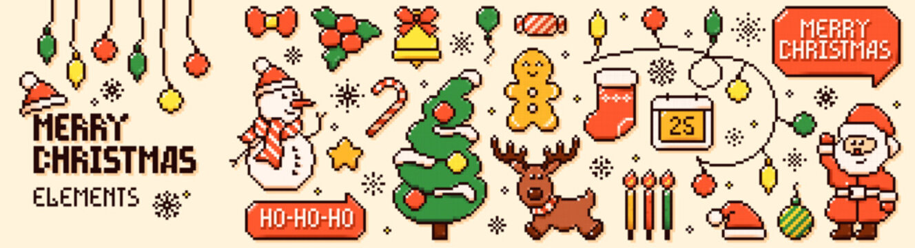 Pixel art Christmas elements. Y2k color New Year icons. 8 bit Santa Claus, snowman, reindeer, tree, speech bubbles.