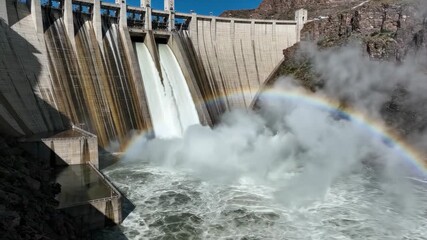 Water spills over dam creating mist and vibrant rainbow below. Majestic landscape under clear blue sky highlights engineering skills in power generation
