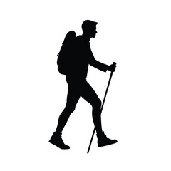 Silhouette of a Man Hiking on White Background