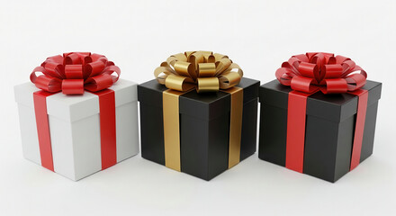 Three gift boxes with red and gold ribbons on a white background: white, black, and black/red. Holiday, celebration, and discount concept.