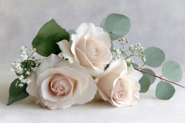 3 cream colored roses, eucalyptus, and baby breath with green leaves in the background
