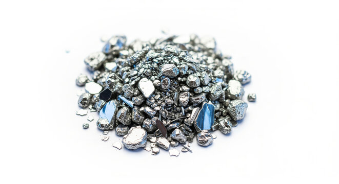 Shiny Titanium Metal Fragments Piled on White Background