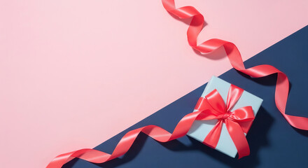Small gift box with a red ribbon on a blue-pink background. Suitable for birthdays, Mother's Day, or sales promotions with a flat horizontal view.