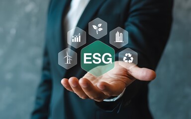 ESG investment and corporate sustainability concept with businessman holding environmental, social, and governance icons, representing responsible business growth