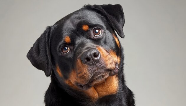 A charming noble purebred Rottweiler with a gentle captivating gaze posing in a sunlit garden.