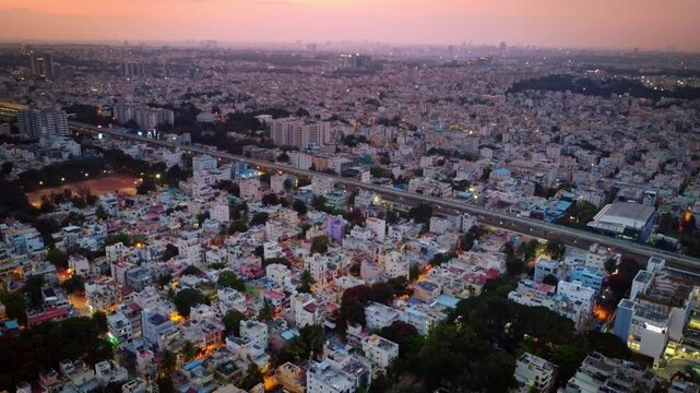 Aerial shot of densely populated bangalore city at sunset in Karnataka, India	