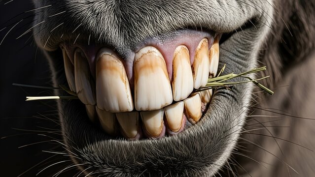 Close-up of Horse Mouth Showing Teeth with Grass in Mouth in Natural Setting
