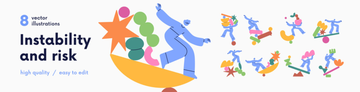 Instability and risk concept set. People balancing on insecure unstable abstract geometric shapes. Imbalance, equilibrium problem, unsteady risky insecurity, danger. Isolated flat vector illustrations