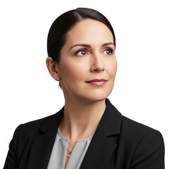 Professional headshot of a confident businesswoman isolated on transparent background, looking away from camera