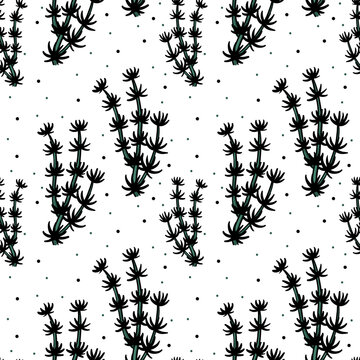 pattern of Red-stemmed hornwort in flat style with an outline. Watery, underwater texture for textiles, wallpaper, packaging, or surface design. Bright texture. Inspired by nature, bright, and modern.