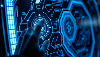 A hand interacts with a bright blue futuristic touchscreen interface displaying complex data visualizations and geometric shapes.