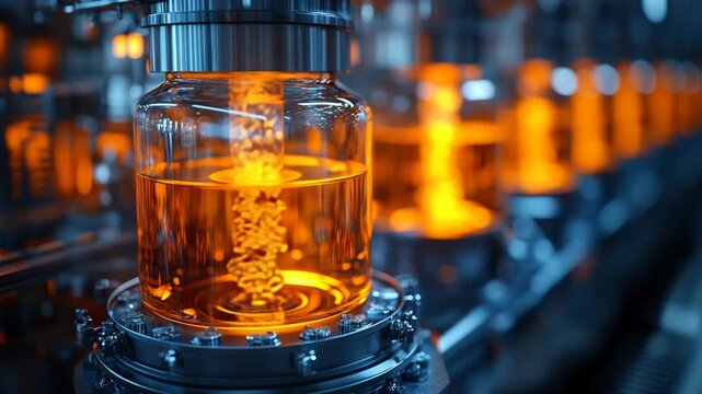 Advanced bioreactor with bubbling orange liquid in a high tech factory.
