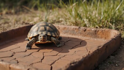 Small Tortoise on Brick Surface in Sunlight.