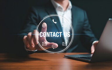 Contact us communication concept with businessman touching digital icons for email, chat, phone, and support services on virtual interface over laptop