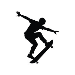 Silhouette of a Man Skateboarding Tricks on White Background: