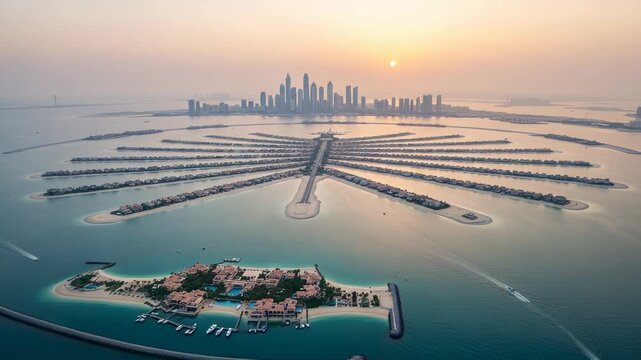 Aerial view of palm jumeirah island and dubai skyline at sunset
