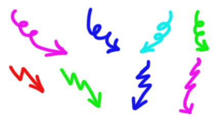 Hand drawn colorful zigzag arrows isolated on transparent background pointing down, a playful and dynamic design element for various creative projects