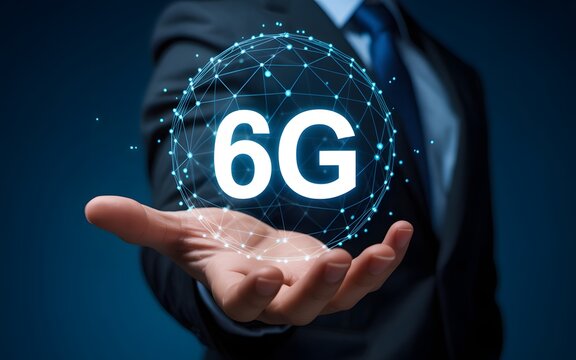 6G network technology concept showing businessman holding digital holographic globe, representing innovation, wireless communication, and data connectivity