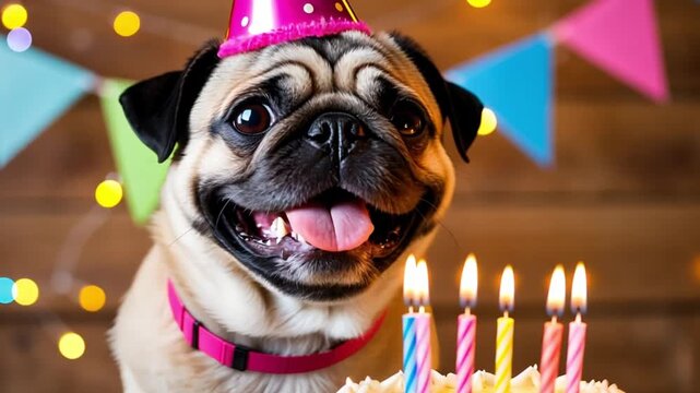 Cute pug wearing a party hat beside a colorful birthday cake with lit candles, smiling in a warm, festive indoor celebration setting - Powered by Adobe