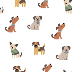 Cute dogs vector seamless pattern. Clipart of funny pet animals. Dogs on white background. Printable flat illustration.
