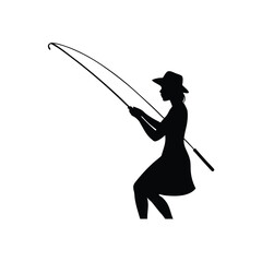 Obraz premium Silhouette of a Woman Fishing on White Background