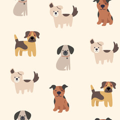 Cute dogs vector seamless pattern. Clipart of funny pet animals. Dogs on a beige background. Printable flat illustration. 